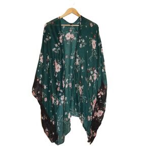 Lane Bryant Floral Kimono Wrap Womens One Size Green‎ Pink Excellent Boho Gauze